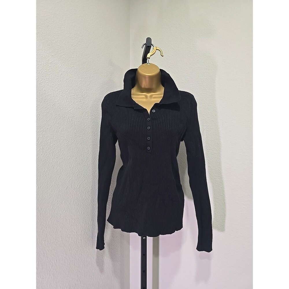 Black Ribbed Fitted Henley Sweater Womens Lge Collared Y2K Minimalist Preppy 90s